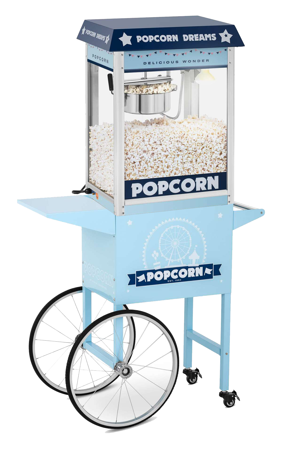 Popcornmaskine i blå med med vogn